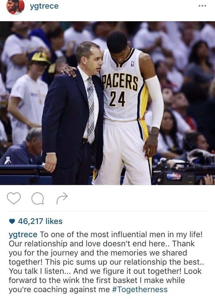 Paul George talar fallega um Frank Vogel.