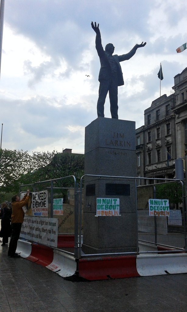 NuitDeboutDUB's tweet photo. Preparing for #DubDebout: #NuitDebout in #Dublin. Great to have Jim Larkin calling on us to rise, always with us! https://t.co/SAgCIcl5wk
