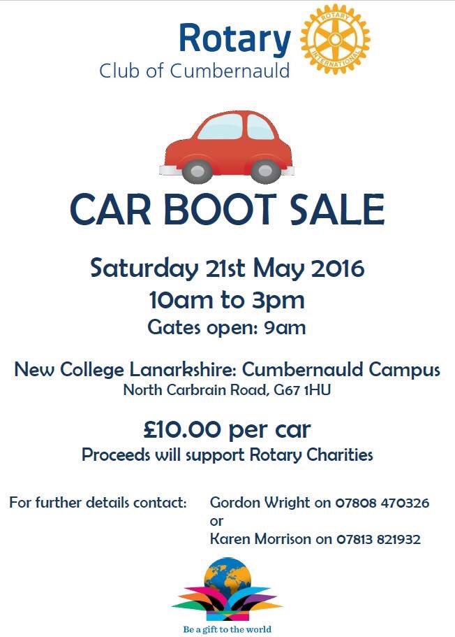 RCCumbernauld's tweet photo. Rotary Club of Cumbernauld Car Boot Sale, Saturday 21st May, at @NCLanarkshire Cumbernauld https://t.co/uJWIYRqZ0o