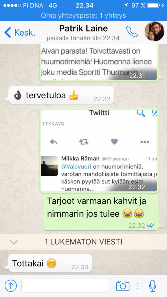 Mrawman's tweet photo. @Valavuori lupas tarjota viel kahvit ja nimmarinkin mun pyynnöstä eli @PowerFinland:n kautta Sportti Thurmanille https://t.co/ypAkjNsbAb