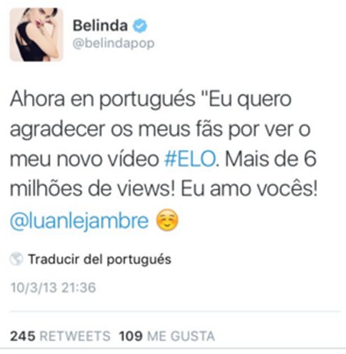 ClarySpanicfan's tweet photo. Insuperável este TT em português da Beli! 😭😭😭@belindapop te amooo muchooo mi princesa!Brasil tb te ama! 😍😍😍 https://t.co/UPFYDrZRT2