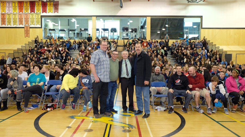 deanmacinnis's tweet photo. Great message from @JamieMacoun and Dana Murzyn and incredible story by @TheoFleury14 to @sjf_school @NewsWMS https://t.co/WXlSh7yZYV
