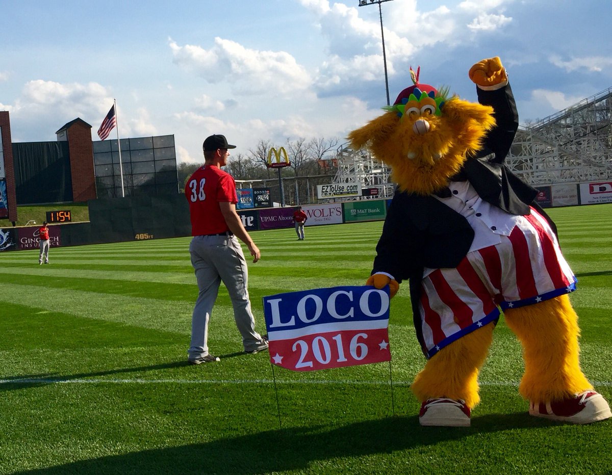 party_with_loco's tweet photo. Campaigning in enemy territory. Take that @erie_seawolves #voteLOCO https://t.co/aUFa9G2nWj