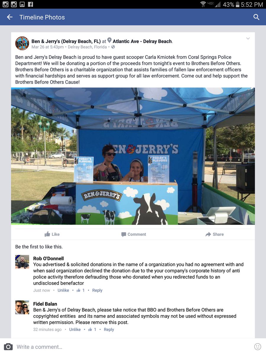 MikeTheCop1's tweet photo. @fop5 @bboinc14 @FOX29philly #brothersbeforeothers proudly declines  donation from @benandjerrys  no #bloodmoney https://t.co/RmY6gLdQuG