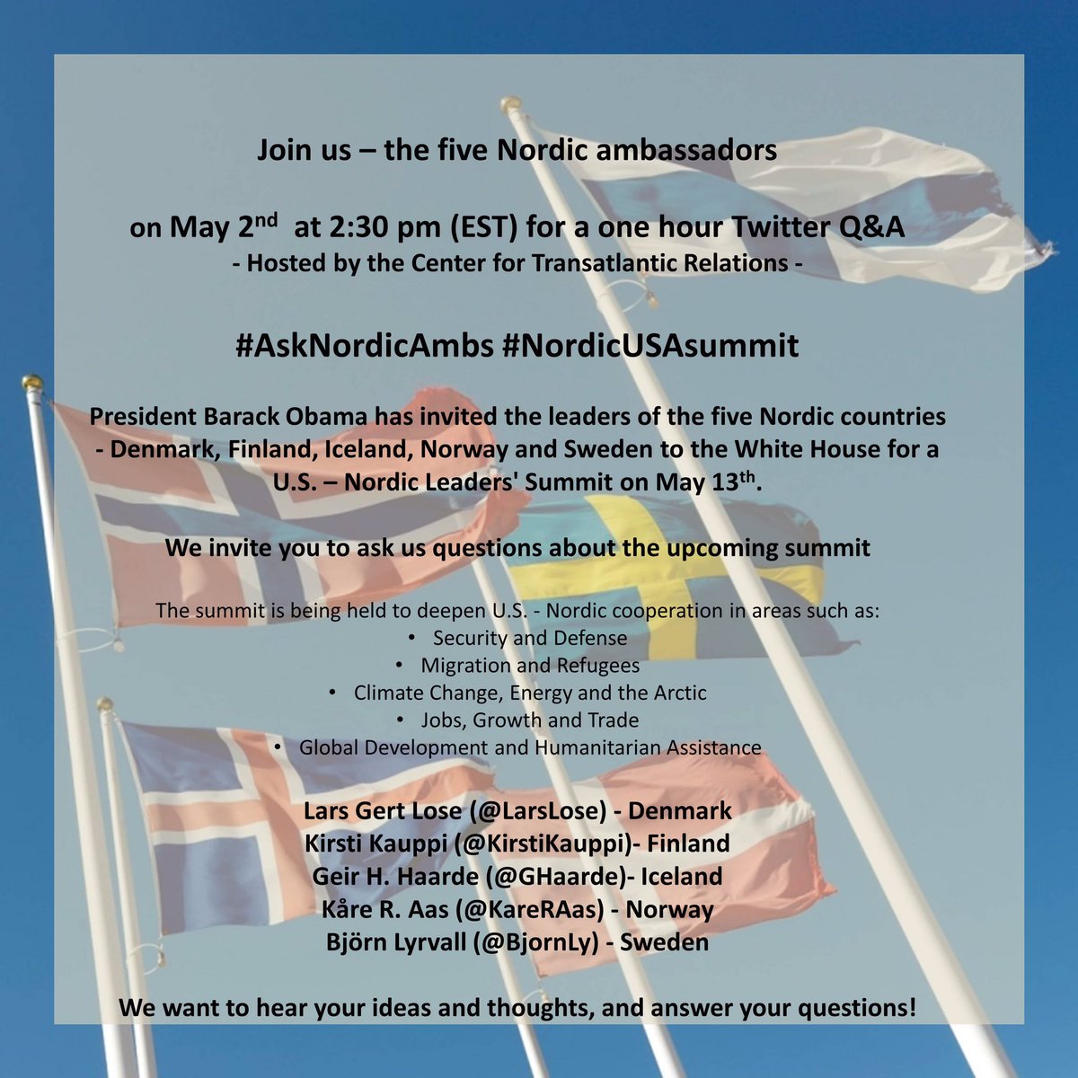 bjornly's tweet photo. Join the Twitter Town Hall Monday May 2nd at 2:30pm &amp; #AskNordicAmbs about #NordicUSAsummit https://t.co/HVqTQaebK4