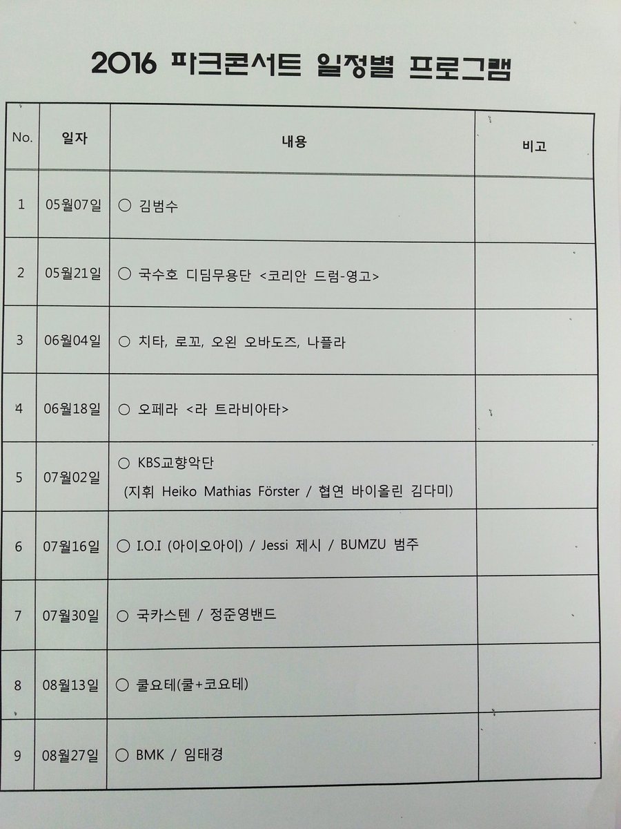 #성남시 2016년 중앙공원 야외공연장에서 개최되는 파크콘서트 일정별 프로그램을 알려드리니 관람과 함께 많은 홍보 부탁 드립니다^^