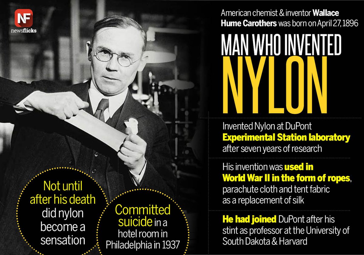 تويتر \ Newsflicks على تويتر: "Wallace Hume Carothers, the inventor of nylon, the world's first synthetic fibre was born #onthisday in 1896 https://t.co/WZyZFtjGpO"