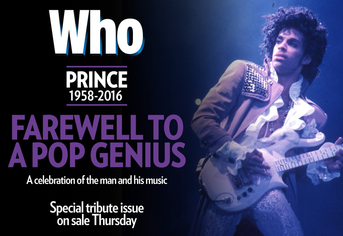 WHOmagazine's tweet photo. #PRINCE––farewell to a pop genius. A celebration of the man and his music. Special tribute issue on sale Thursday. https://t.co/RtE7wNSD2x
