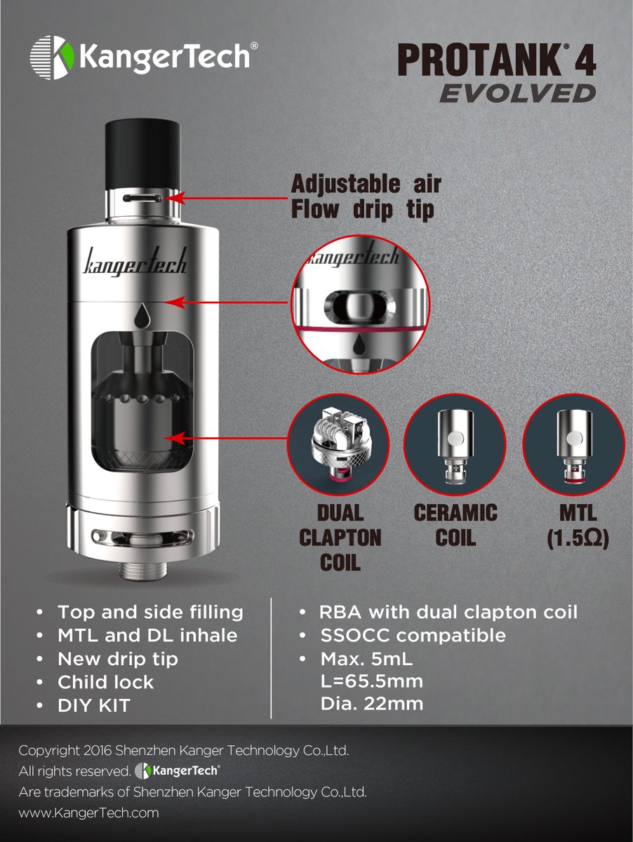 kangertech's tweet photo. KangerTech Protank 4. Specifications : Top and side filling, MTL and DL inhale, New drip tip, Child lock, https://t.co/xb5xKZwfA7