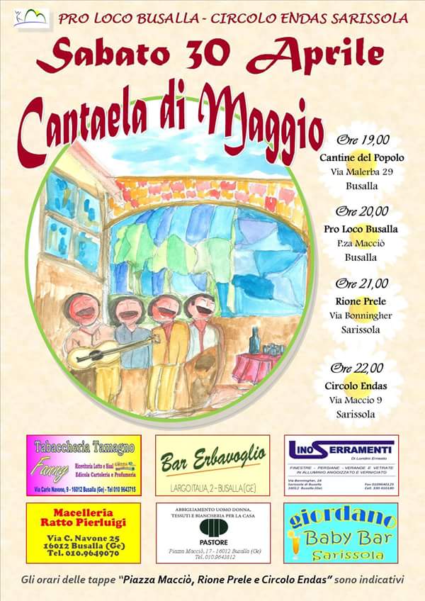 Sabato 30 dalle 19 a Busalla si ripete una antica tradizione: i "Cantaela di Maggio", scendete in strada anche voi!