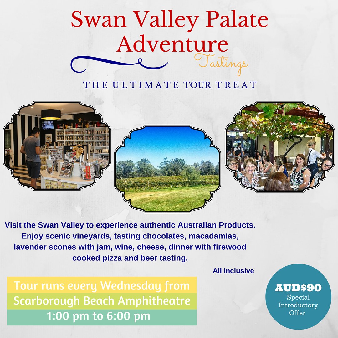 Perthtourswa's tweet photo. Introducing the new Swan Valley Tour from Scarborough Beach. Book by 02.05.2016 https://t.co/9dU9IZoS2o #perthtours https://t.co/5clLV8uwye