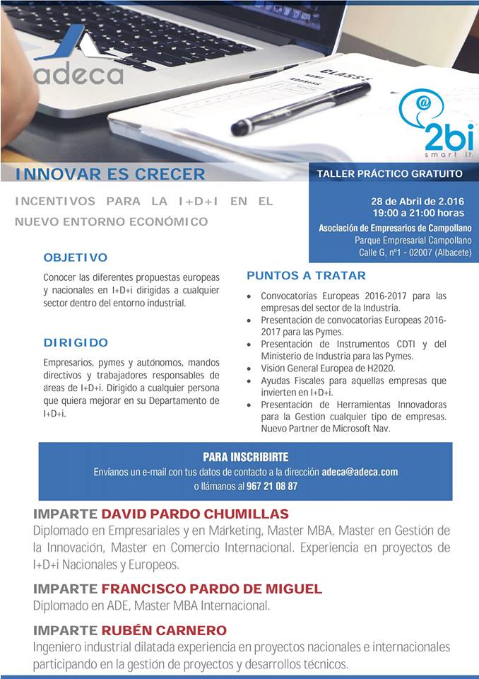 Aprecu's tweet photo. Taller gratuito "Innovar es Crecer: incentivos para la I+D+i " imparte #2bi, 28 Abril 19 a 21h, @AdecaCampollano https://t.co/fXWAY30C0N