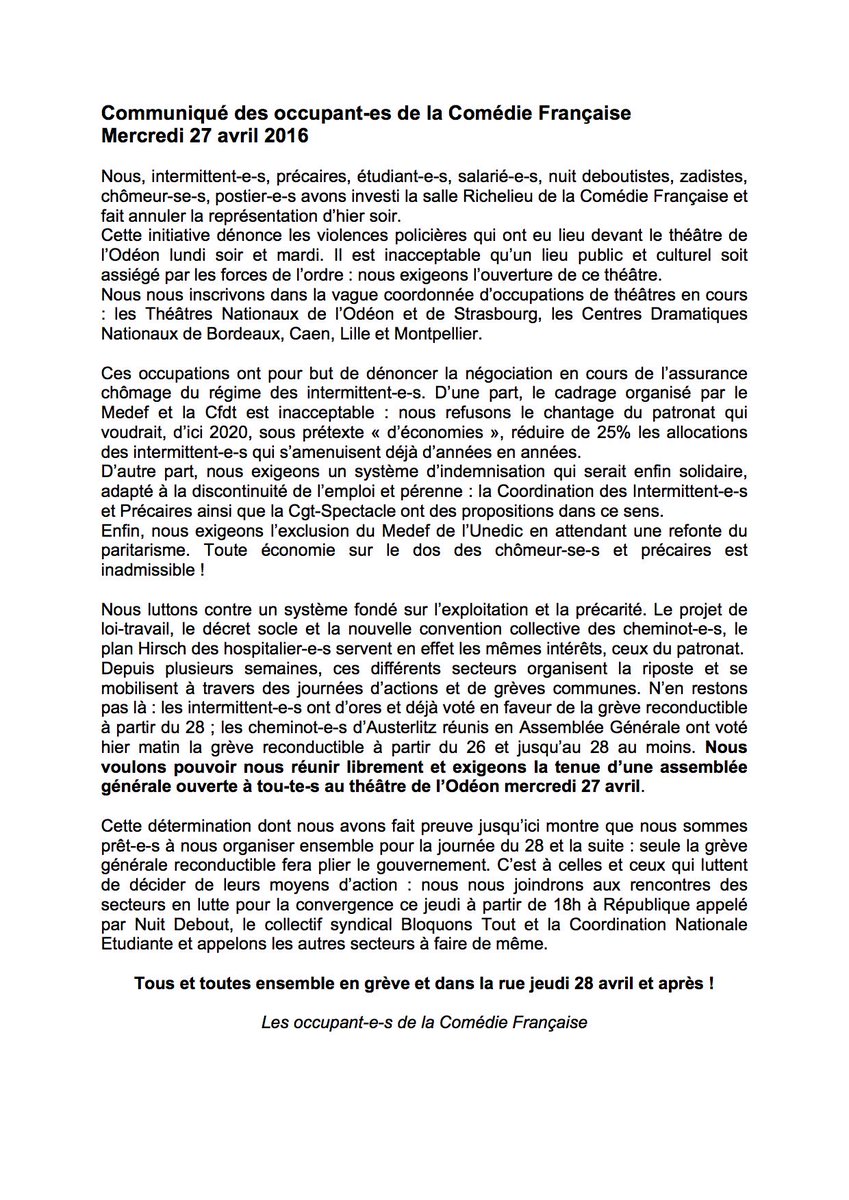 CIPParisIDF's tweet photo. Communiqué des occupant-es de la Comédie Française Mercredi 27 avril  #TheatresOccupes #intermittents #precaires https://t.co/zXMUsD7hWd