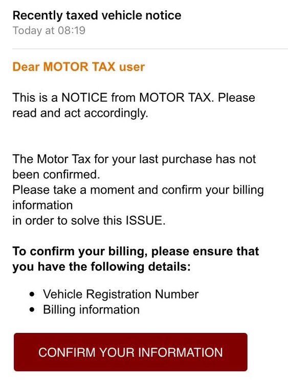 CorkSafetyAlert's tweet photo. There is a #PhishingEmail circulating at the moment claiming to be from the Motor Tax office. https://t.co/dOLZNXTiNs
