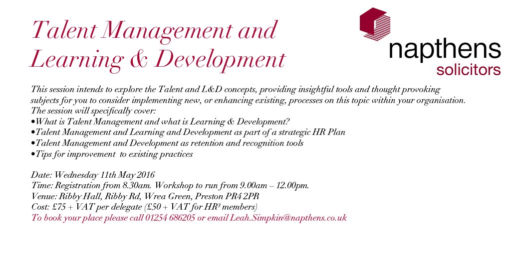 NapthensOnline's tweet photo. Still places available for our #TalentManagement #LearningDevelopment seminar on 11th May, book now! @NapthensHR3 https://t.co/pqe6ykbgp6