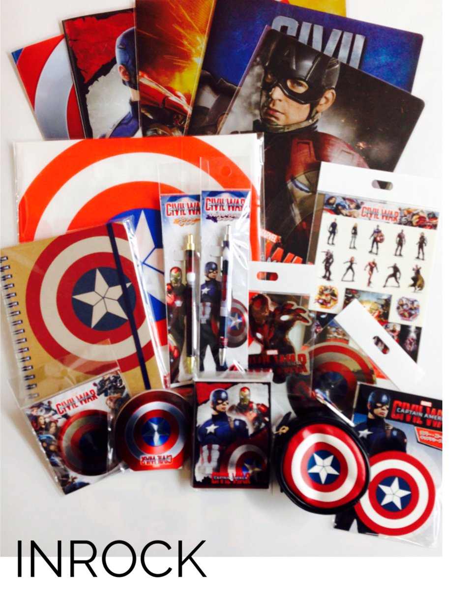 inrock's tweet photo. IR☆4/29公開の「シビル・ウォー／キャプテン・アメリカ」のインロック製グッズ、全商品をパチリ📷✨全国の映画館で発売します！#シビルウォー #キャプテンアメリカ https://t.co/bIa1hLfcCs