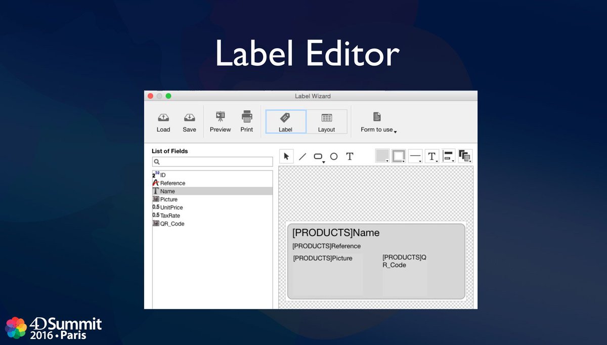 4Dsoftware's tweet photo. #4DSummit: New #LabelEditor for 64-bit: full #4D code, new features while keeping compatibility. https://t.co/eFv857tjV4