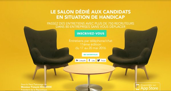 FranceTravail's tweet image. [#AvecPôleEmploi] Du 17 au 20 mai se tient #Handi2day, le salon en ligne dédié au #handicap goo.gl/kyrOoy