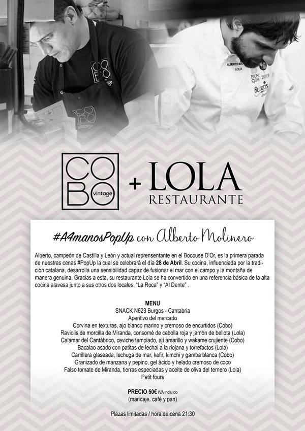 Lola_Rte's tweet photo. Esta noche #AlbertoMolinero estará cocinando junto a @MiguelTopChef en @cobovintage ¡Os esperamos! #A4manos #Burgos https://t.co/JjE0Pckv7S