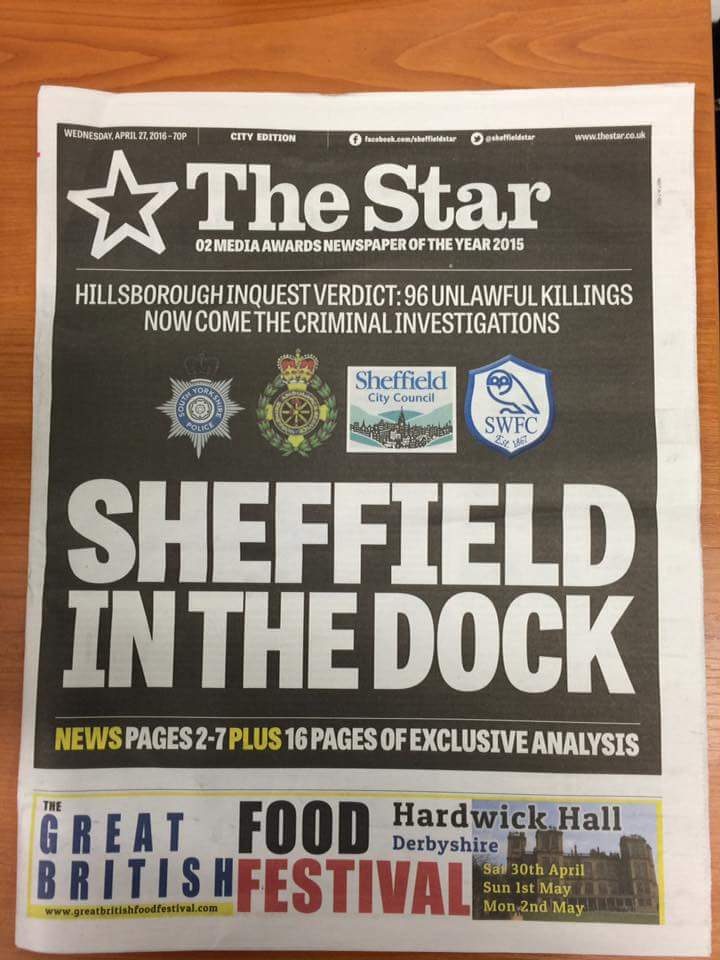SheffieldUnzip's tweet photo. Sheffield star today #Sheffield #JFT96 https://t.co/0Qo3Y8BJ6U