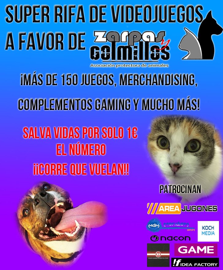 ZarpasyColmillo's tweet photo. ¡Ayúdanos a recaudar dinero en la Super rifa de videojuegos en favor de Zarpas y Colmillos! https://t.co/R9cnY9kCzR https://t.co/2lHeHkOh7o