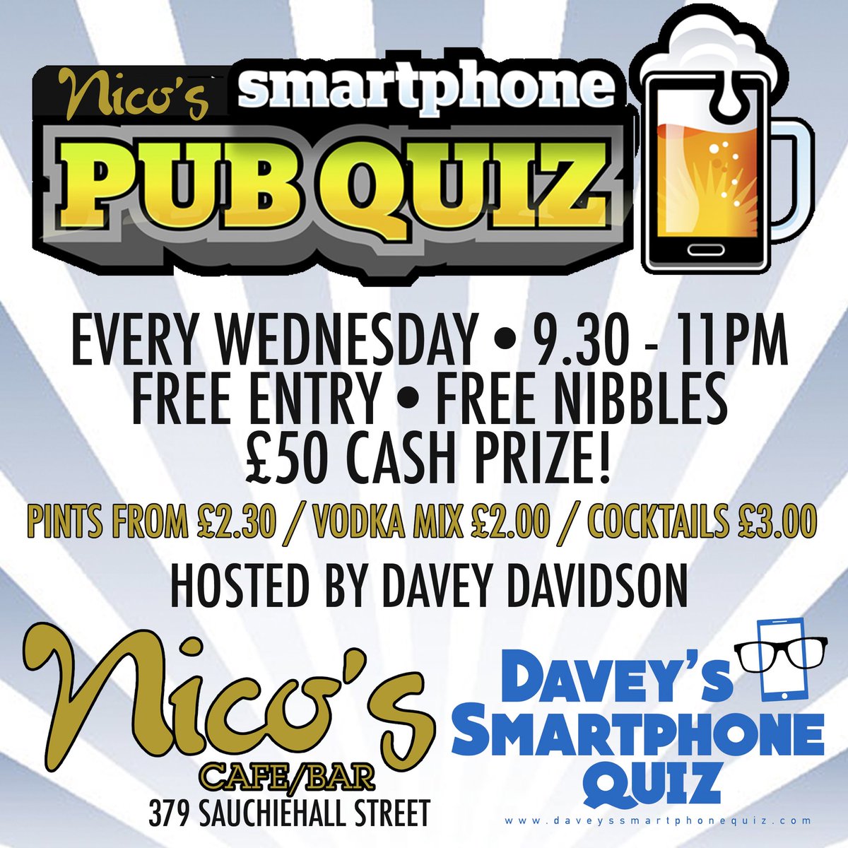 NicosBarGlasgow's tweet image. Wednesday is champions league and quiz day.... Athletico v Bayern at 7.45 followed by our weekly smartphone quiz! 😄😆
