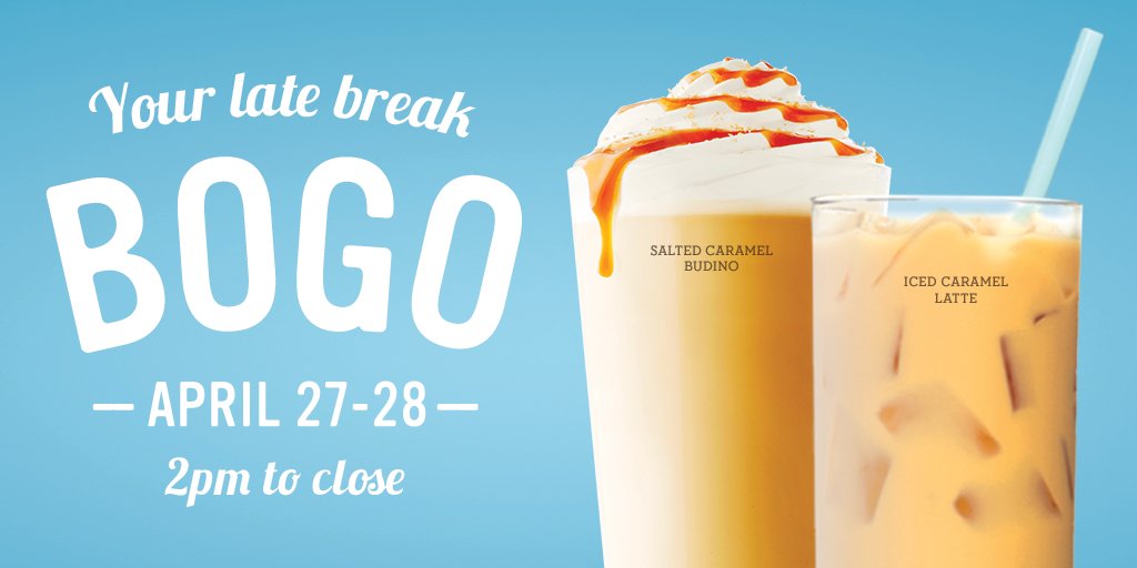 cariboucoffee's tweet photo. Two for the money, two days in a row. BOGO 4/27-4/28 on ANY beverage after 2pm (mention to redeem) #CaribouCoffee https://t.co/mLdwoDctBF