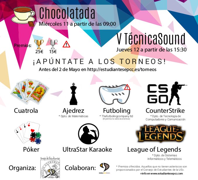 EstudiantesEPCC's tweet image. Chocolatada, @TecnicaSound, torneos de cuatrola, poker, LOL, Counter, ajedrez, Ultrasta, @futboling... Apúntate!!