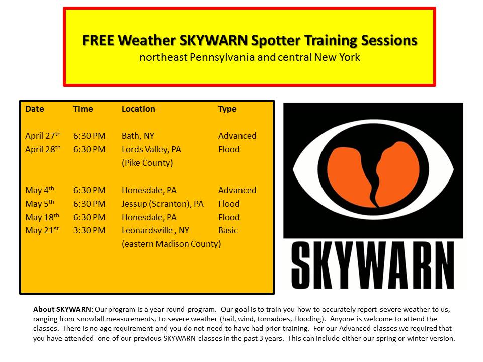 NWSBinghamton's tweet photo. Free #SKYWARN training tonight and Thursday night. For more information go to our web site;  https://t.co/3wXUCc8b7D https://t.co/X9ixepxaEB
