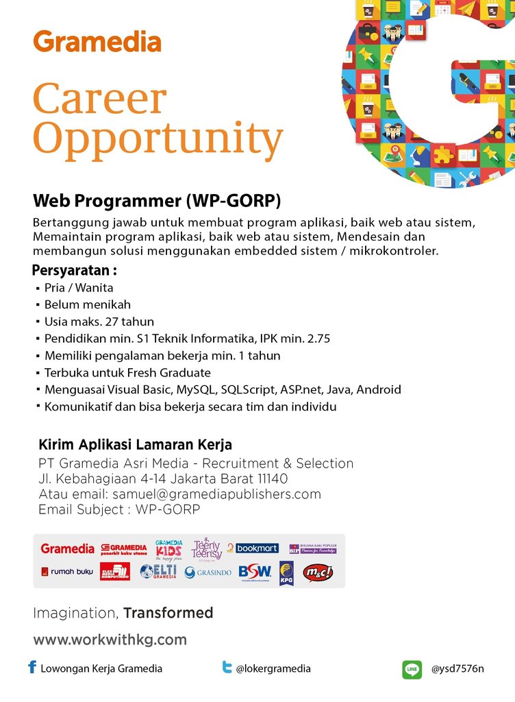 LokerGramedia's tweet photo. #LokerIT Punya pengalaman dlm Pemrograman baik Web atau Aplikasi? yuk simak loker ini https://t.co/uW2uFs3SYj