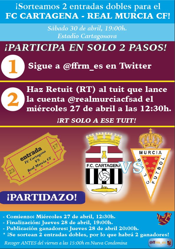 realmurciacfsad's tweet photo. SORTEO | ¿Quieres ganar un pase doble para el partido del sábado? Haz RT y sigue la cuenta de @ffrm_es ¡Suerte! https://t.co/twv4UqGqar