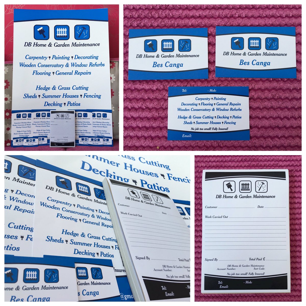 RecExpressKent's tweet photo. #BusinessCards #Flyers #SandwichBoards and #ReceiptBooks all printed for new business DB Home & Garden Maintenance! https://t.co/VGsVcDU10Q