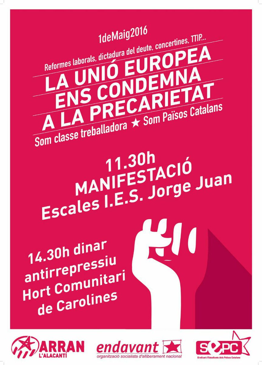 Arran_Alacanti's tweet photo. #1demaig Som classe treballadora! 11:30 al Jorge Juan, 14:30 dinar antirrepressiu a l'Hort de Carolines #Alacant https://t.co/cBrCkvh9L8