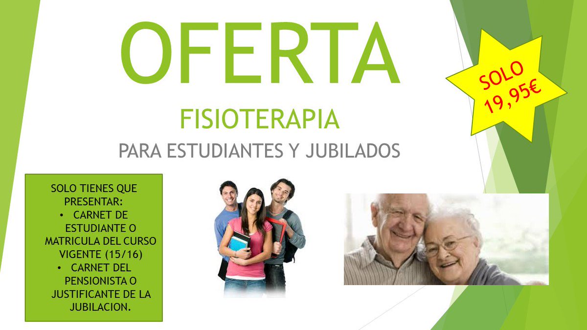 CIMDEplus's tweet photo. ¡¡NUEVA OFERTA DE FISIOTERAPIA!! PARA ESTUDIANTES Y JUBILADOS, POR SOLO 19,95 EUROS LA SESION. ¡¡LLAMA YA!! https://t.co/WJnWKqXlEm