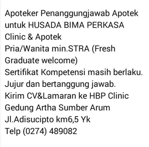 #jogjakarir #jogjalowker APOTEKER | fulltime |Co/Ce max.24th| HUSADA BIMA PERKASA Clinic &amp; Apotek
Telp (0274) 489082