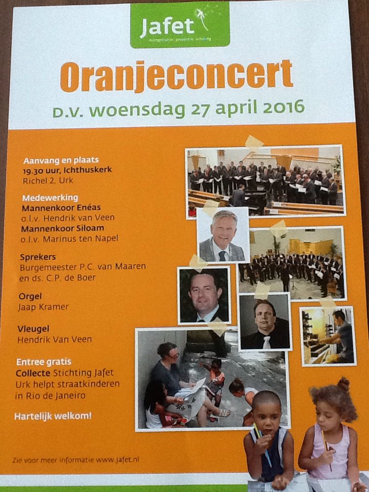 Vanavond Oranjeconcert op Urk. Om half acht in de Ichthuskerk. Allen van harte welkom.