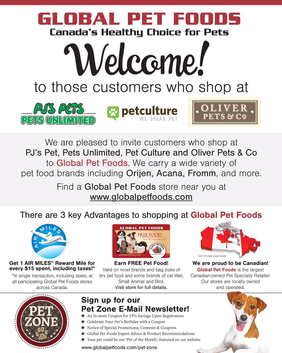 GlobalPetFoods's tweet photo. Shop @ #PJsPets, #OliverPets&Co, #Petculture & #PetsUnlimited? We have the same pet food brands & Free Food program! https://t.co/cR3t2344Lx