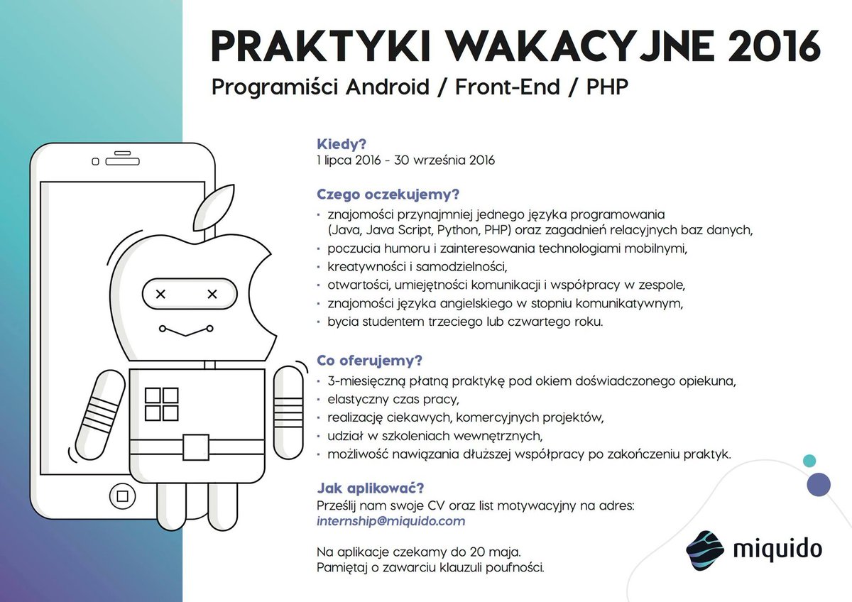 miquido's tweet photo. We're looking for interns: #Android, #Frontend, #PHP developers and Software Testers! Send CV before 20 May #krakow https://t.co/039UDEScQ4