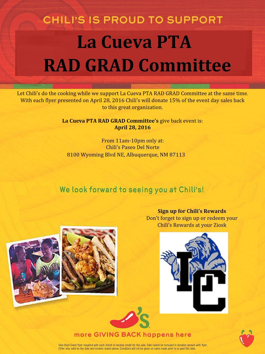 LCHSRadGrad's tweet photo. Final RAD GRAD Fundraiser Thursday 4/28 11AM-10PM
Chili's Paseo &amp; Wyoming
Show flyer or mention LCHS
@LCHSChoirs https://t.co/6ACX4FRI8F
