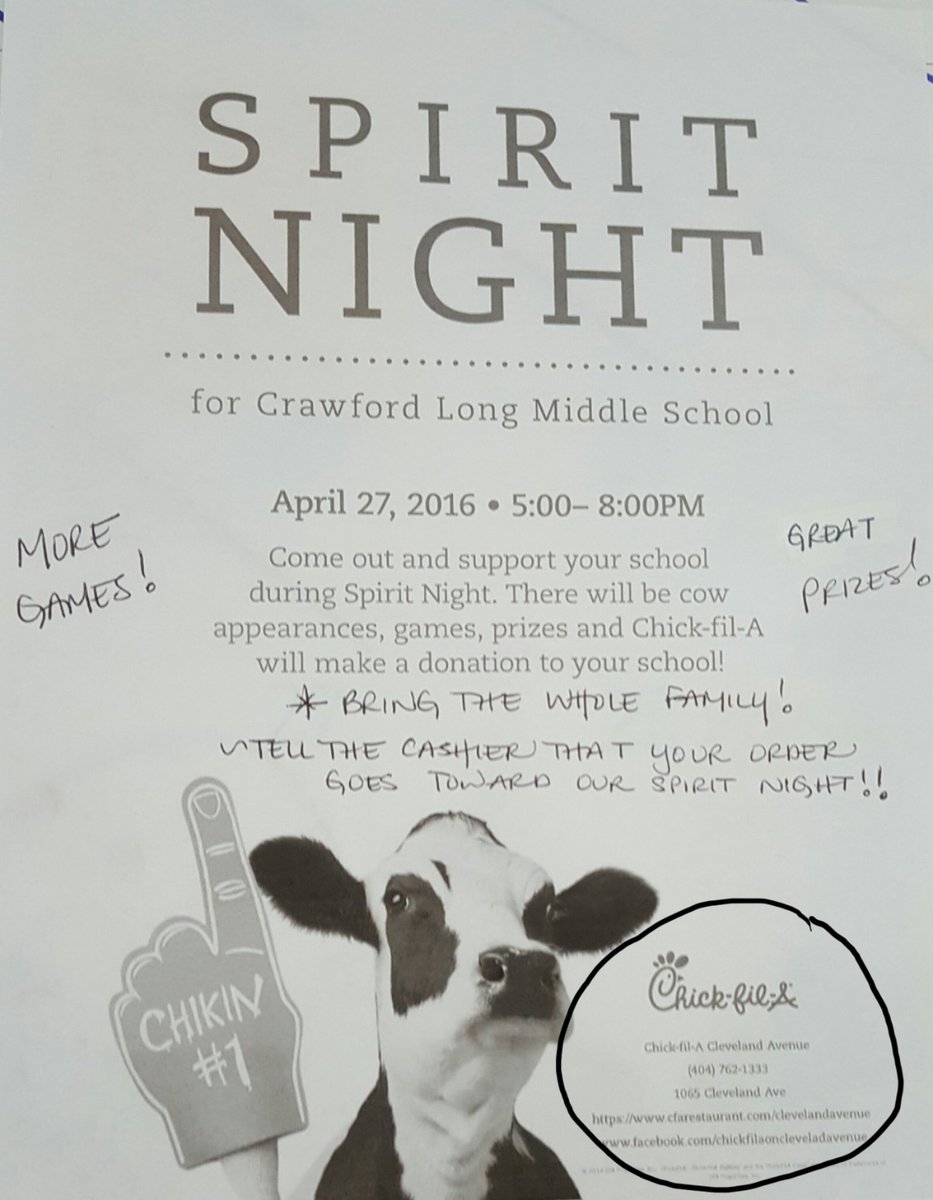 apsLongms's tweet photo. Please join us TONIGHT @ChickfilA for our Spirit Night from 5-8pm at 1065 Cleveland Ave! #STEMFundraiser @ATLsuper https://t.co/0xUCNZCQ8q