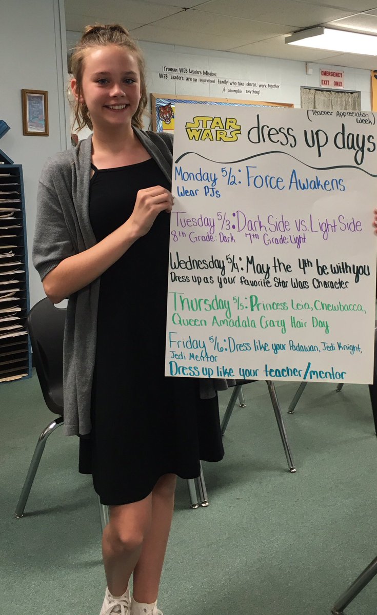 TMSLeaders's tweet photo. 🐯💙💛 Make sure you know what to wear to school next week! @TMSTigersSJSD Stat Wars Teacher Appreciation Week ☄✨☄✨☄✨ https://t.co/yNo7LtZtPj