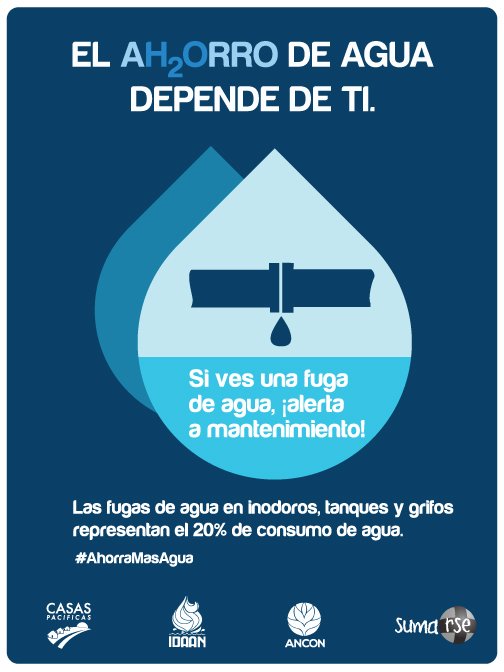 Las fugas de agua en inodoros, tanques y grifos representan el 20% de consumo de agua. #AhorraMasAgua