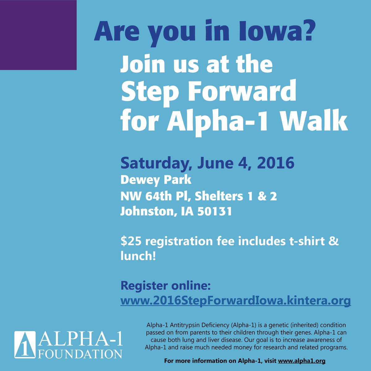 AlphaFriend's tweet image. Support the Alpha-1 Foundation by registering for the 'Step Forward for Alpha-1' on Jun. 4. 2016StepForwardIowa.kintera.org