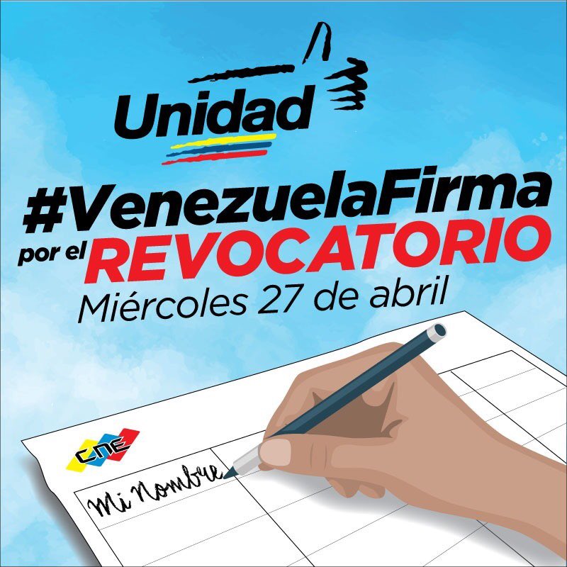 partidoUNT's tweet photo. Hoy #VenezuelaFirma por el REVOCATORIO. Los venezolanos merecemos vivir mejor #27A https://t.co/8zlaXO5cGO
