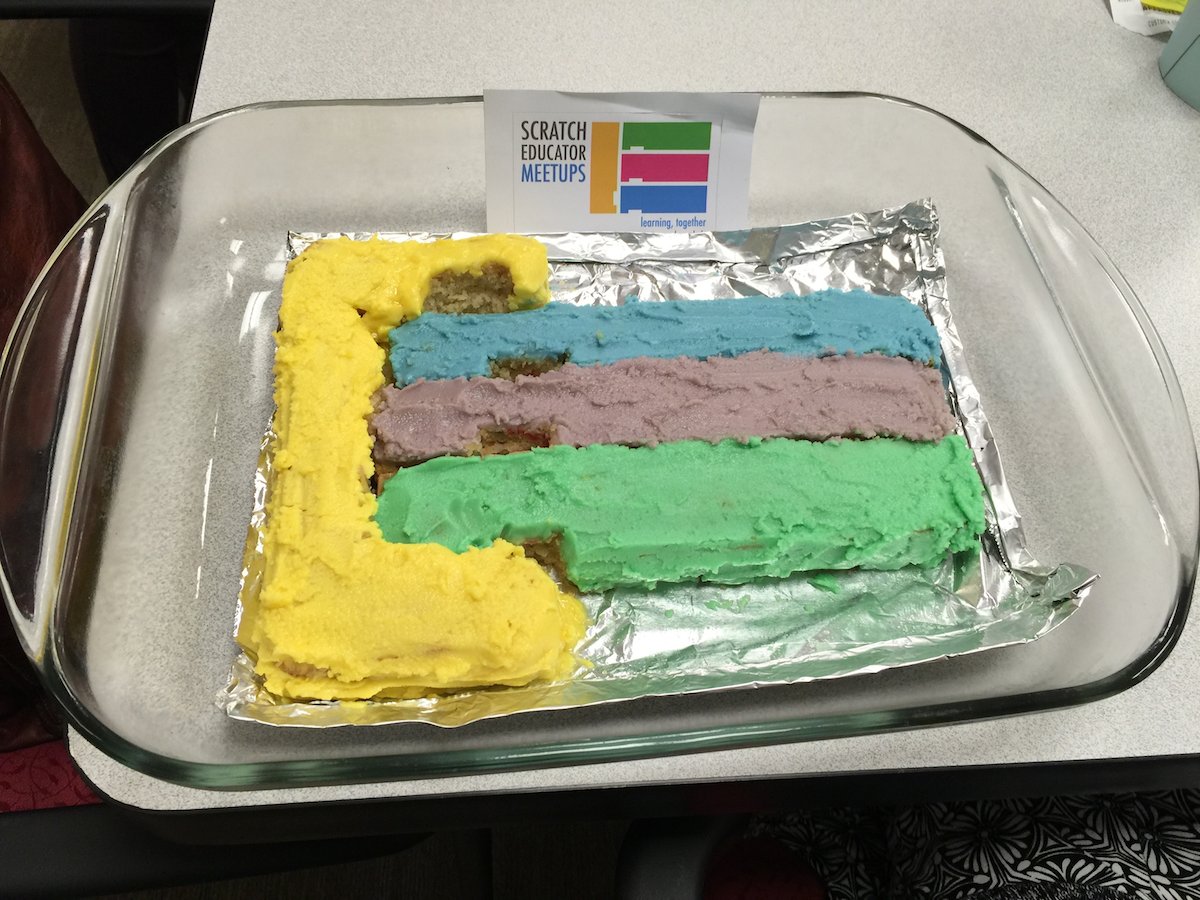 karen_brennan's tweet photo. Amazing baker (and RA) @laurapeterpants made this cake to celebrate our end-of-term #ScratchEdTeam meeting! https://t.co/adySpU2q4k