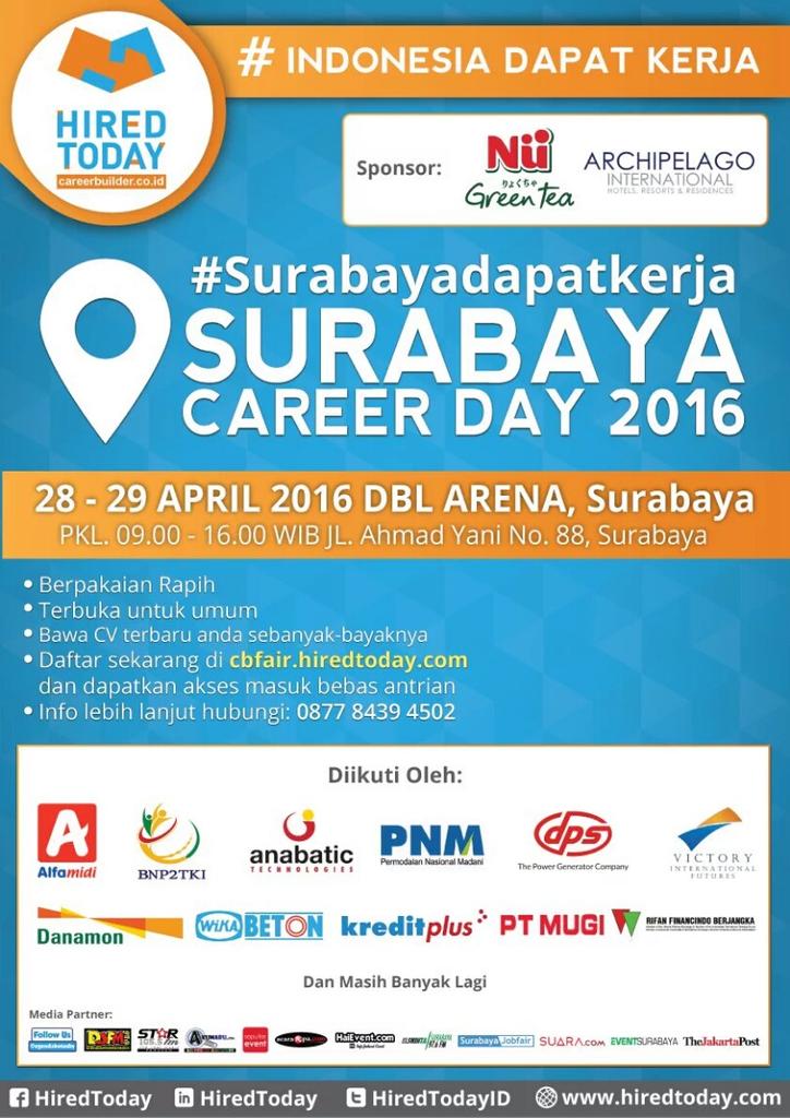 klikkarir's tweet photo. Jangan lewatkan SURABAYA CAREER DAY @HiredTodayID |28-29 Mar 2016, DBL Arena Surabaya.. https://t.co/SGUJ5qmeH6 https://t.co/GS6Co2F6rw