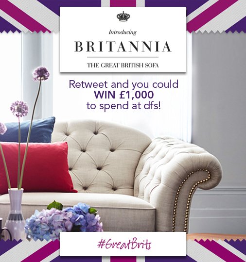 DFS's tweet image. To celebrate Britannia we're offering £1,000 to spend at DFS. RT and FOLLOW for your 1 chance to #win. #GreatBrits