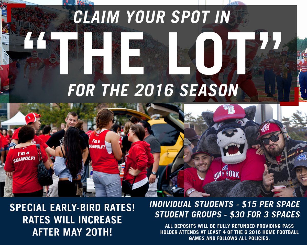 SBAthletics's tweet photo. Reserve your spot in The Lot for the '16 🏈 season at the @SeawolvesTix office! Place your deposit today! 
💵: ❌
💳: ✔️ https://t.co/BVUQNJLUDV