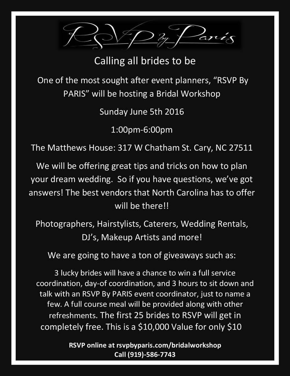 RSVPbyParis's tweet photo. Want your dream wedding OR the chance to win FREE planning? RSVP https://t.co/gi6ZOHtqV0 … #ncbrides #ncbridetobe https://t.co/gyGL7svaQD