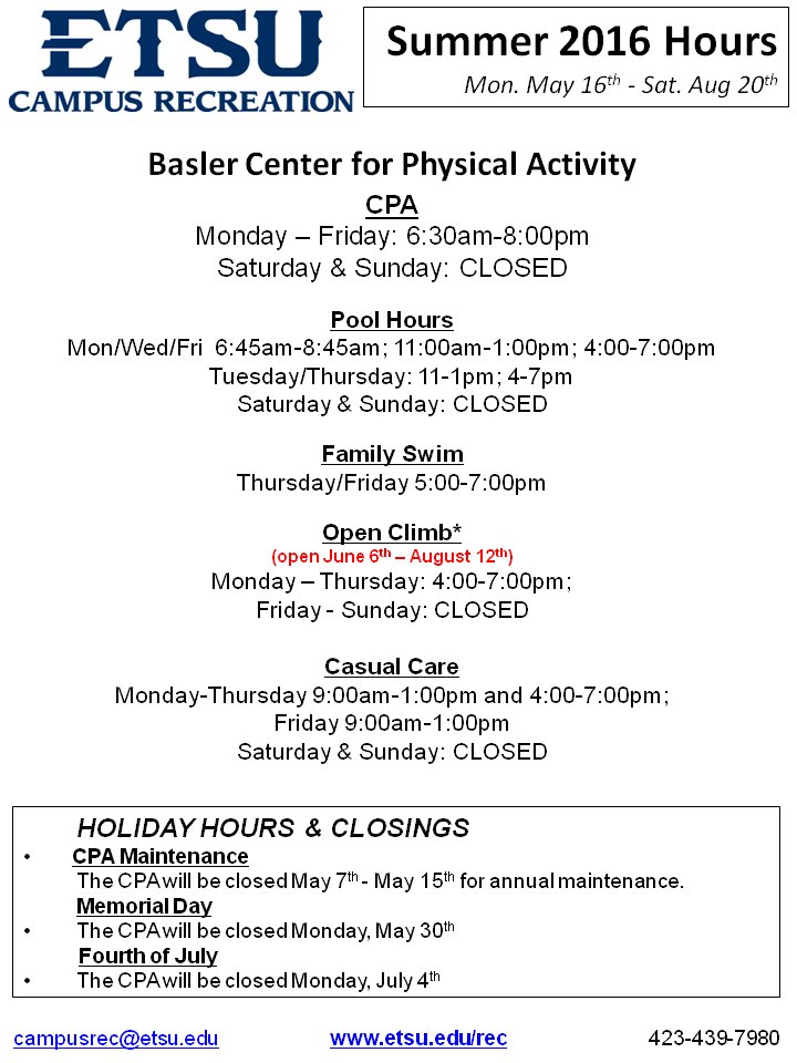 Here are the summer hours for the CPA: